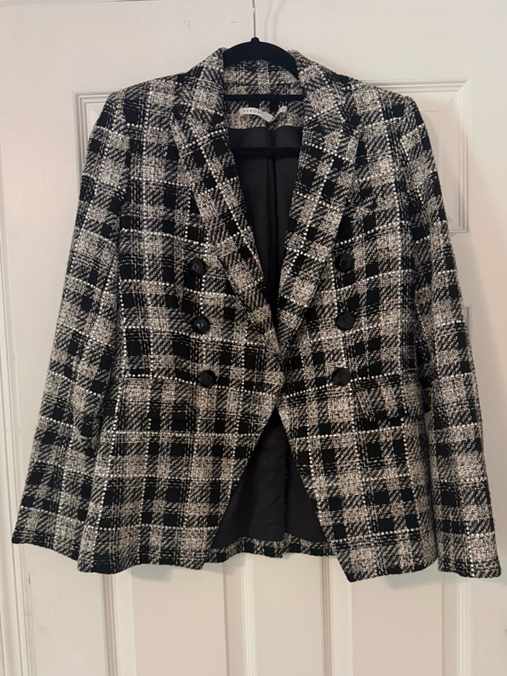 Veronica Beard Black & White Plaid Rhinestone Double-Breasted Blazer